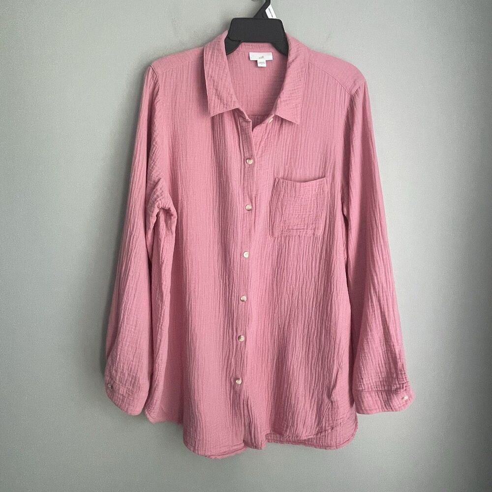 J Jill Cotton Gauze Button Up Shirt Women's L Pink Long Sleeve Lagenlook Cozy